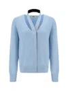 Fendi Light-blue Wool Blend Cardigan With Deep V Neckline In Blue
