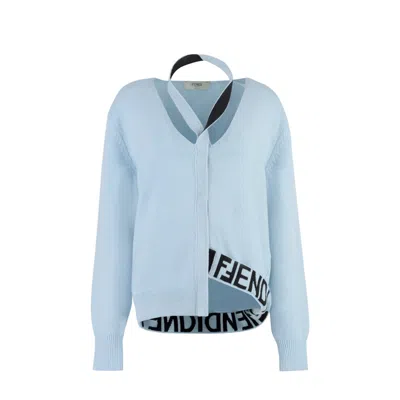 Fendi Melange Pastel Light-blue Stretch Wool Blend Cardigan