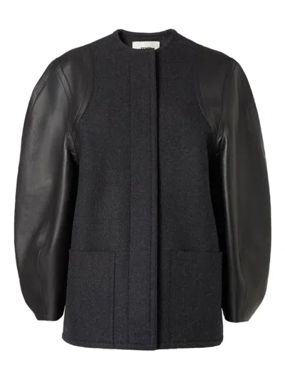 Fendi Wool And Leather Coat In Black