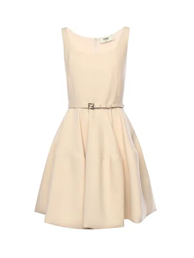 Fendi Wool And Silk Blend Mini Dress In Neutral
