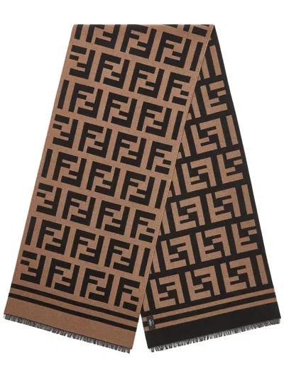 Fendi Faded-effect Ff Jacquard Wool And Cashmere Scarf In Brown