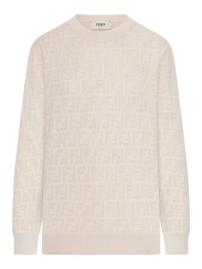 Fendi Wool And Silk Sweater With Ff Print In Neutral