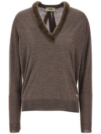 FENDI WOOL AND SILK V-NECK JUMPER