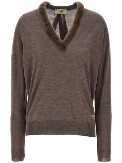 Fendi Wool And Silk V-neck Jumper Clothing In Brown