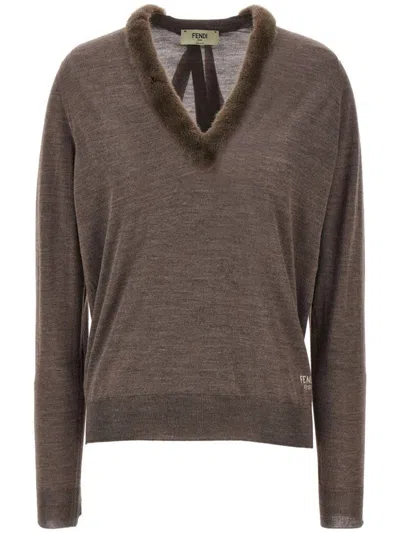 Fendi Wool And Silk V-neck Jumper Clothing In Brown
