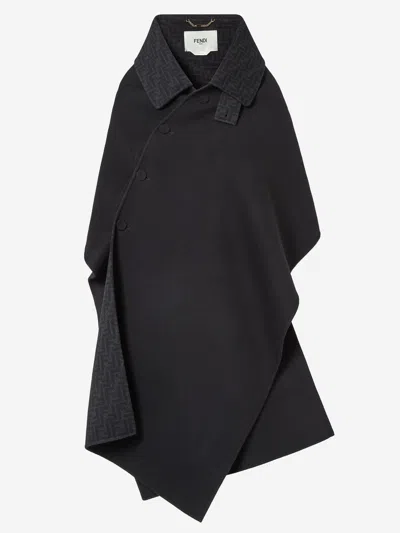 Fendi Wool And Silk With Mother-of-pearl Buttons Cape In Black