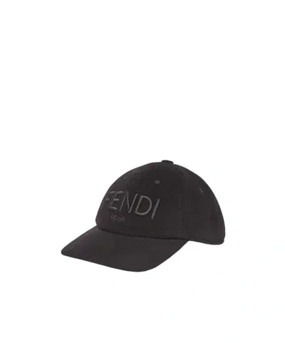 Fendi Men Wool Blend Baseball Hat With Logo Embroidery In Black