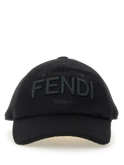 Fendi Men Wool Blend Baseball Hat With Logo Embroidery In Black