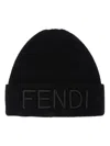 Fendi Men Black Beanie With Maxi Logo Lettering On Front In Wool Man In Black