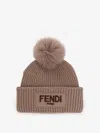 Fendi Grey Pompon Embroidered Logo Beanie Hat In Brown