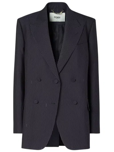 Fendi Wool Double-breasted Blazer With Peak Lapels And Elongated Fit In Blue
