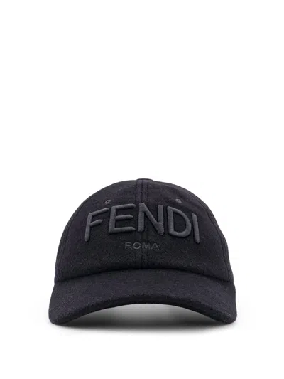 Fendi Men Wool Blend Baseball Hat With Logo Embroidery In Black