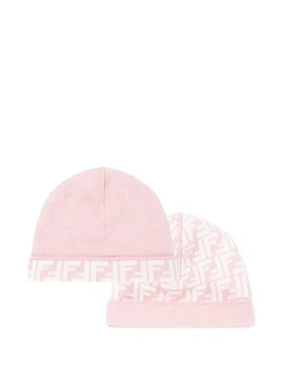 Fendi Kids' Wool-blend Beanie Set In 粉色