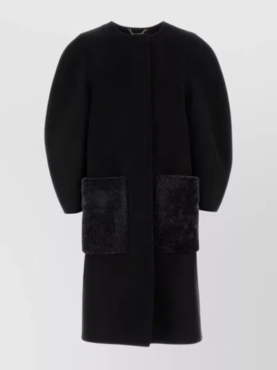 Fendi Wool Blend Coat Featuring Fur Pockets In Black