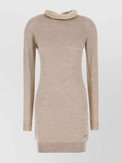 Fendi Wool Blend Mini Dress With Bow Detail In Beige O Tan