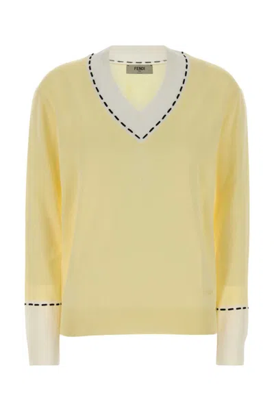 Fendi Selleria Contrast-stitch V-neck Sweater In Yellow