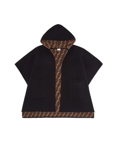 Fendi Wool Blend With Jacquard Trim Cape In Black