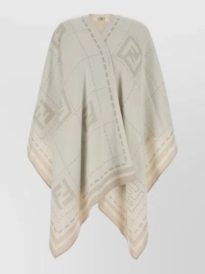 Fendi Wool Cape Open Front Fringe Geometric In Neutral