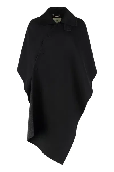 Fendi Wool Cape With Enveloping Volume And Frog Collar In Black