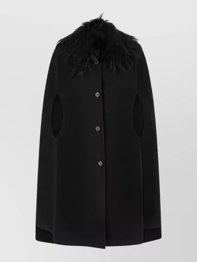 Fendi Double Wool Cape With Fur Collar In Black