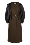 Fendi Women Green Crewneck Coat With Puffed Leather Sleeves And Belt With Ff Plaque In Wool And Visc In Green