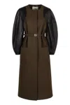 Fendi Women Green Crewneck Coat With Puffed Leather Sleeves And Belt With Ff Plaque In Wool And Visc In Green