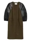 Fendi Women Green Crewneck Coat With Puffed Leather Sleeves And Belt With Ff Plaque In Wool And Visc In Multi