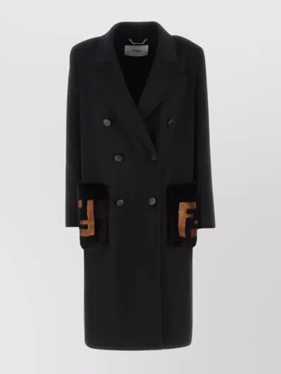 FENDI WOOL COAT WITH FUR POCKETS AND LAPEL COLLAR