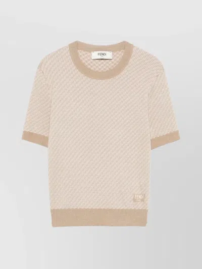 Fendi Wool Crew Neck Sweater With Textured Pattern In Beige