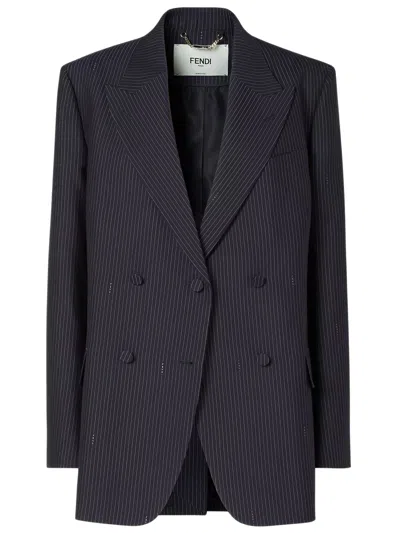 Fendi Wool Double-breasted Blazer With Peak Lapels And Elongated Fit In Blue