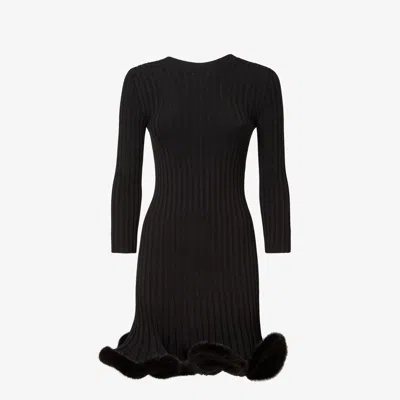 Fendi Fur-trimmed Ribbed-knit Wool Mini Dress In Black