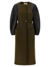 Fendi Women Green Crewneck Coat With Puffed Leather Sleeves And Belt With Ff Plaque In Wool And Visc In Green