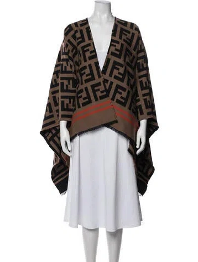 Pre-owned Fendi Wool Graphic Print Poncho In Brown
