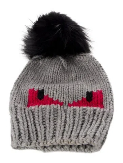 Pre-owned Fendi Wool Grey Beanie With Black Fur Pom Pom In Multi