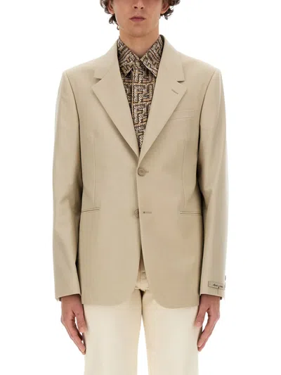 Fendi Single-breasted Wool Suit Jacket In Neutral