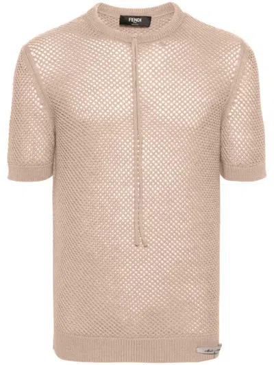 Fendi Wool Mesh Short-sleeved Jumper In Beige