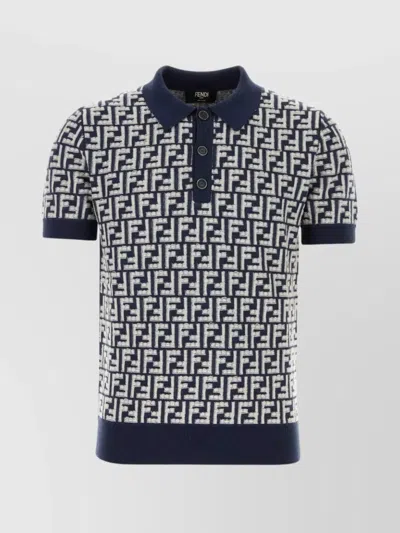 Fendi Wool Polo Shirt With Embroidered Geometric Pattern In Navy