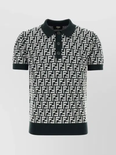 Fendi Wool Polo Shirt With Embroidered Knit Pattern In Black