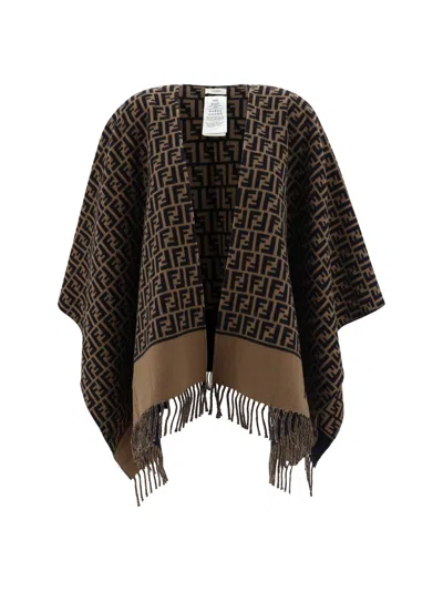 Fendi Wool Poncho In Brown