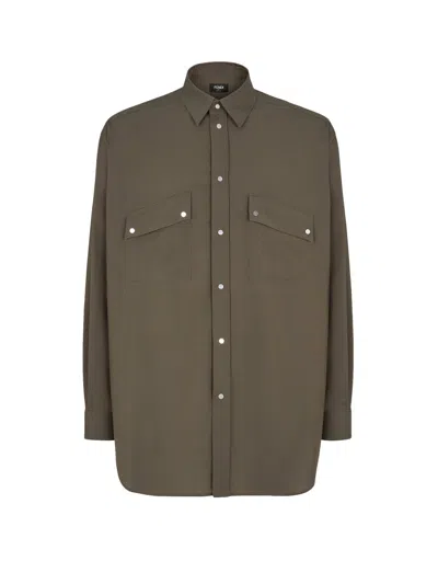 Fendi Wool Shirt With Logoed Buttons In Green