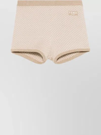 Fendi Wool Shorts With Elasticated Waistband And Ribbed Trim In Beige