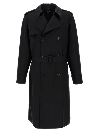 Fendi Trench Coat Wool Belted Waist In Black