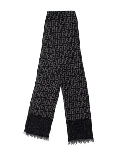 Pre-owned Fendi Wool Zucca Ff Logo Scarf In Gray