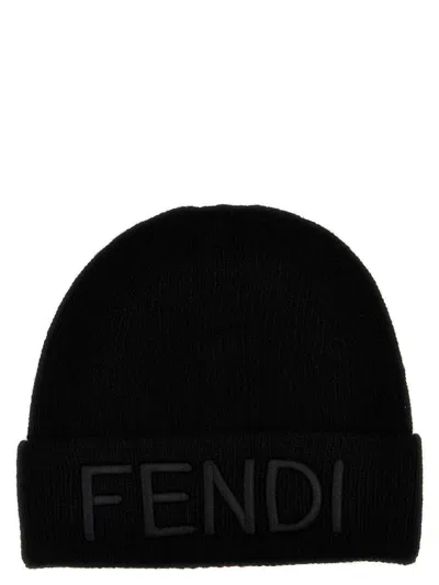 Fendi Ribbed Texture Woolen Hat In Black
