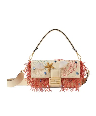Fendi Woven Bag With Sea Garden Embroideries In Brown