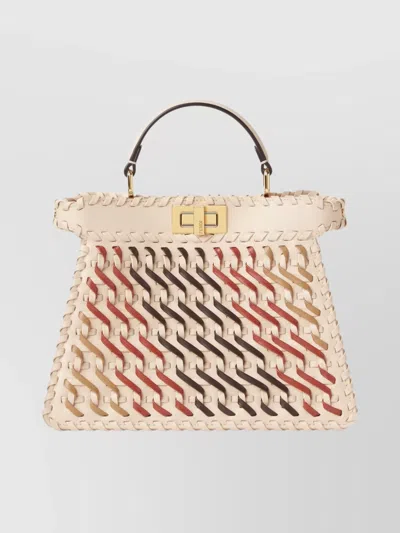 Fendi Woven Clutch Bag Adjustable Strap Top Handle In Neutral