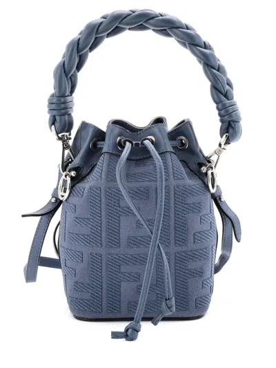 Pre-owned Fendi Woven Handle Mon Tresor Zucca Embroidered Canvas Mini Bucket Bag In Blue