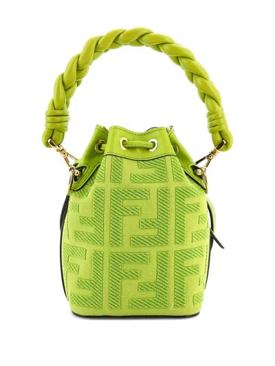 Pre-owned Fendi Woven Handle Mon Tresor Zucca Embroidered Canvas Mini Bucket Bag In Green