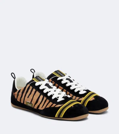 Fendi Wrap Suede-trimmed Calf Hair Sneakers In Brown
