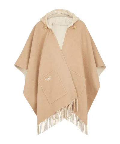 FENDI FENDI LOGO EMBROIDERED FRINGED EDGE PONCHO